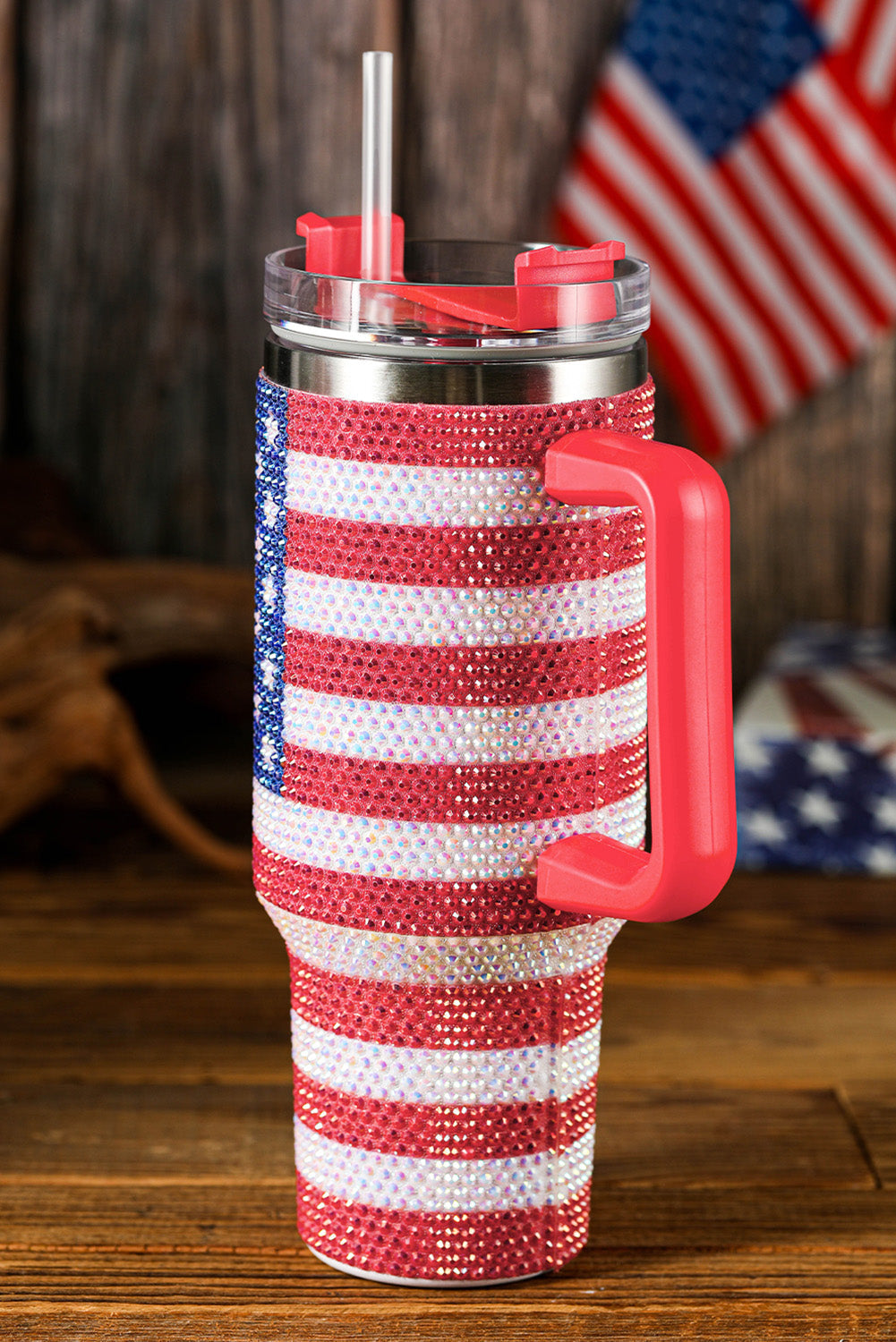 Rhinestone American Flag Handled 40oz Thermos Tumbler Daisie Boutique