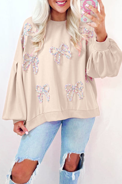 Light Pink Embroidered Bow Lantern Sleeve Oversized Pullover Sweatshirt Daisie Boutique