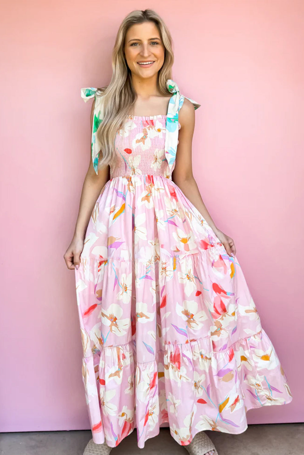 Pink Floral Print Knotted Shoulder Smocked Maxi Dress Daisie Boutique