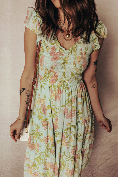 Yellow Ruffled Sleeveless Tiered Floral Maxi Dress