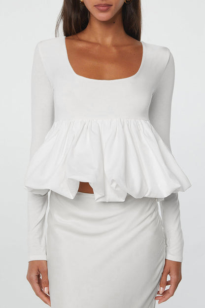U Neck Long Sleeve Bubble Top - White