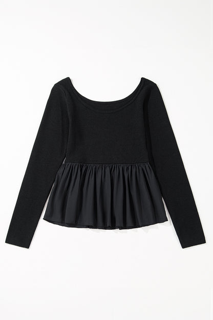 Ribbed Knit Long Sleeve Scoop Neck Peplum Top - Black Daisie Boutique