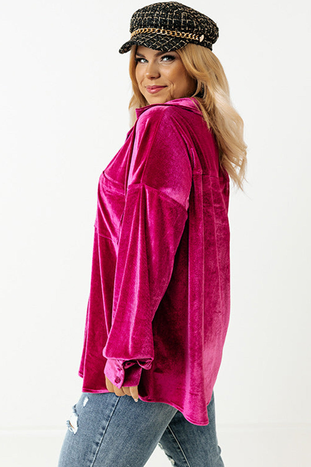 Plus Size Velvet Chest Pocket Drop Shoulder Shirt Daisie Boutique