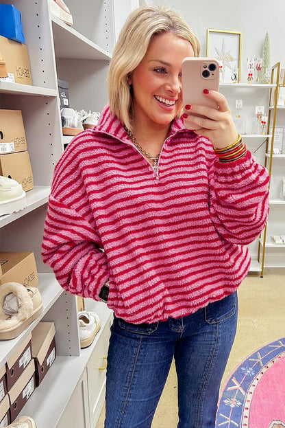 Pink Stripe Quarter Zip Fleece Oversize Sweatshirt Dear-Lover Dropshipping