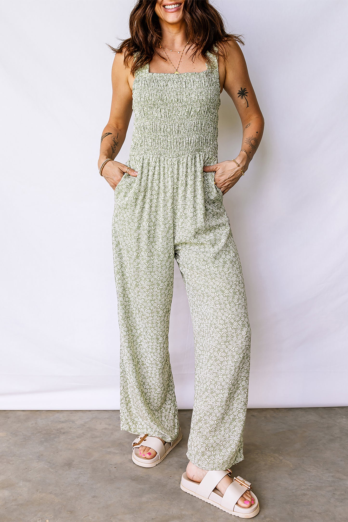 Square Neck Sleeveless Floral Jumpsuit