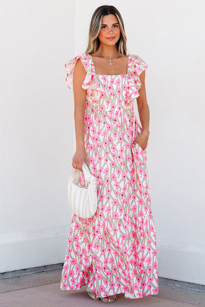 Floral Print Square Neck Ruffled Strap Maxi Dress Daisie Boutique