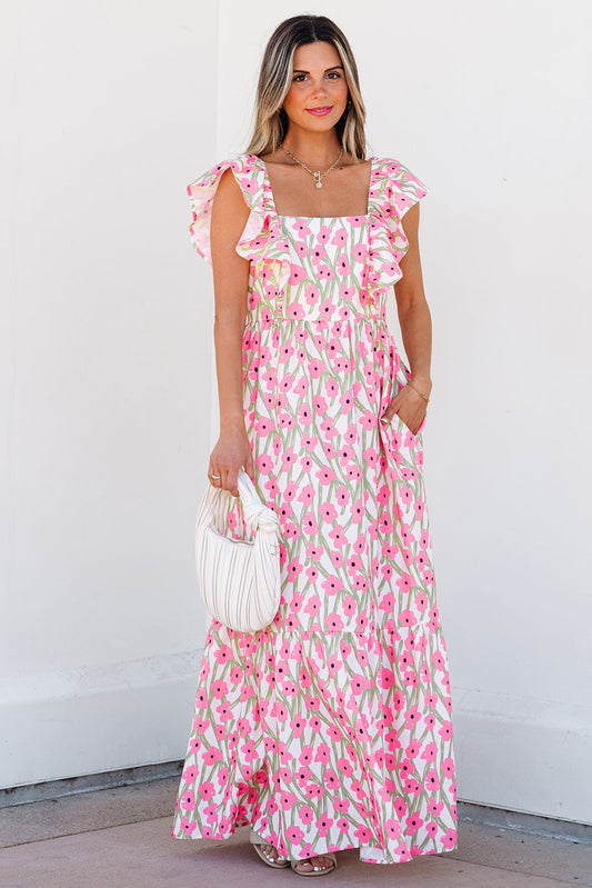 Floral Print Square Neck Ruffled Strap Maxi Dress Daisie Boutique