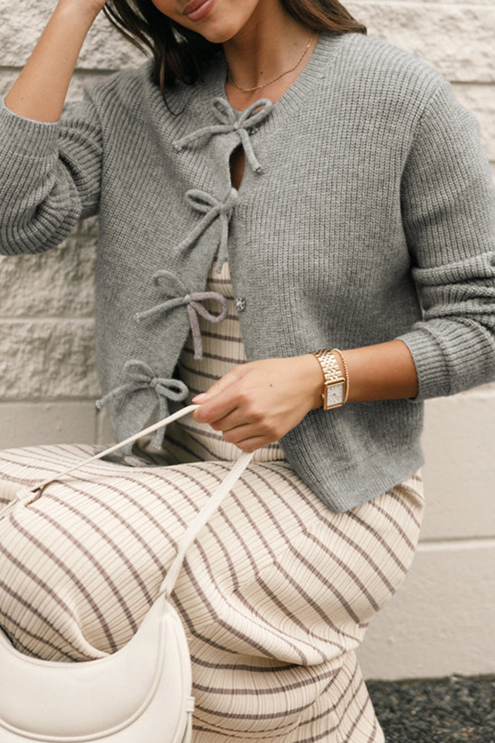 Gray Ribbed Knit Bow Front Buttoned Cardigan Dear-Lover Dropshipping