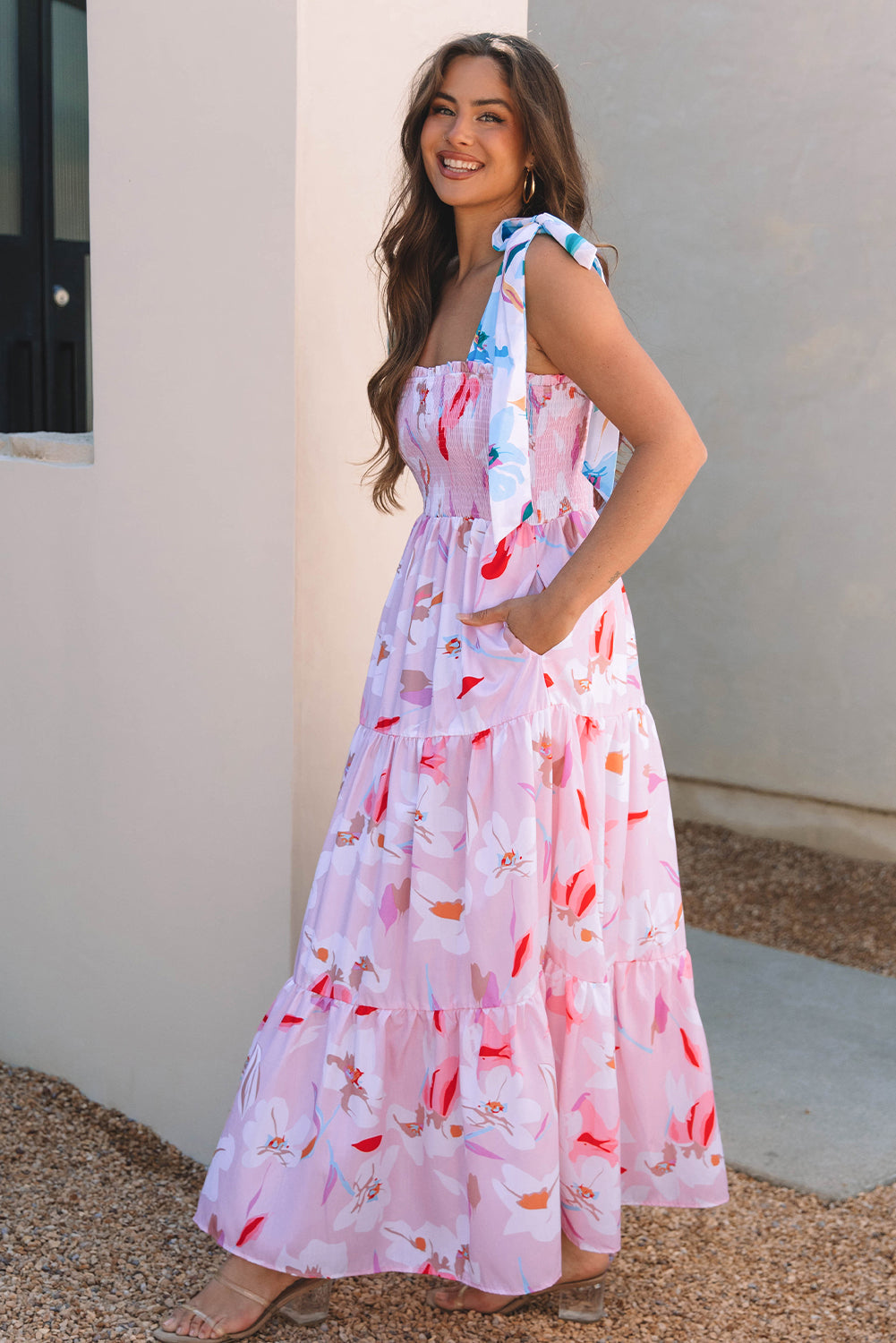 Pink Floral Print Knotted Shoulder Smocked Maxi Dress Daisie Boutique