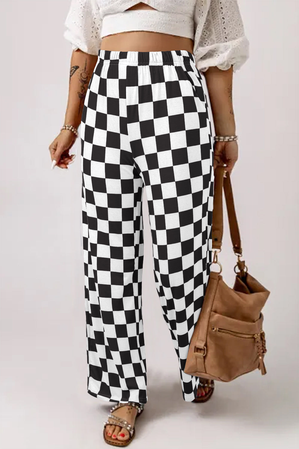 2-Tone Checked Print High Waist Wide Leg Pants Daisie Boutique