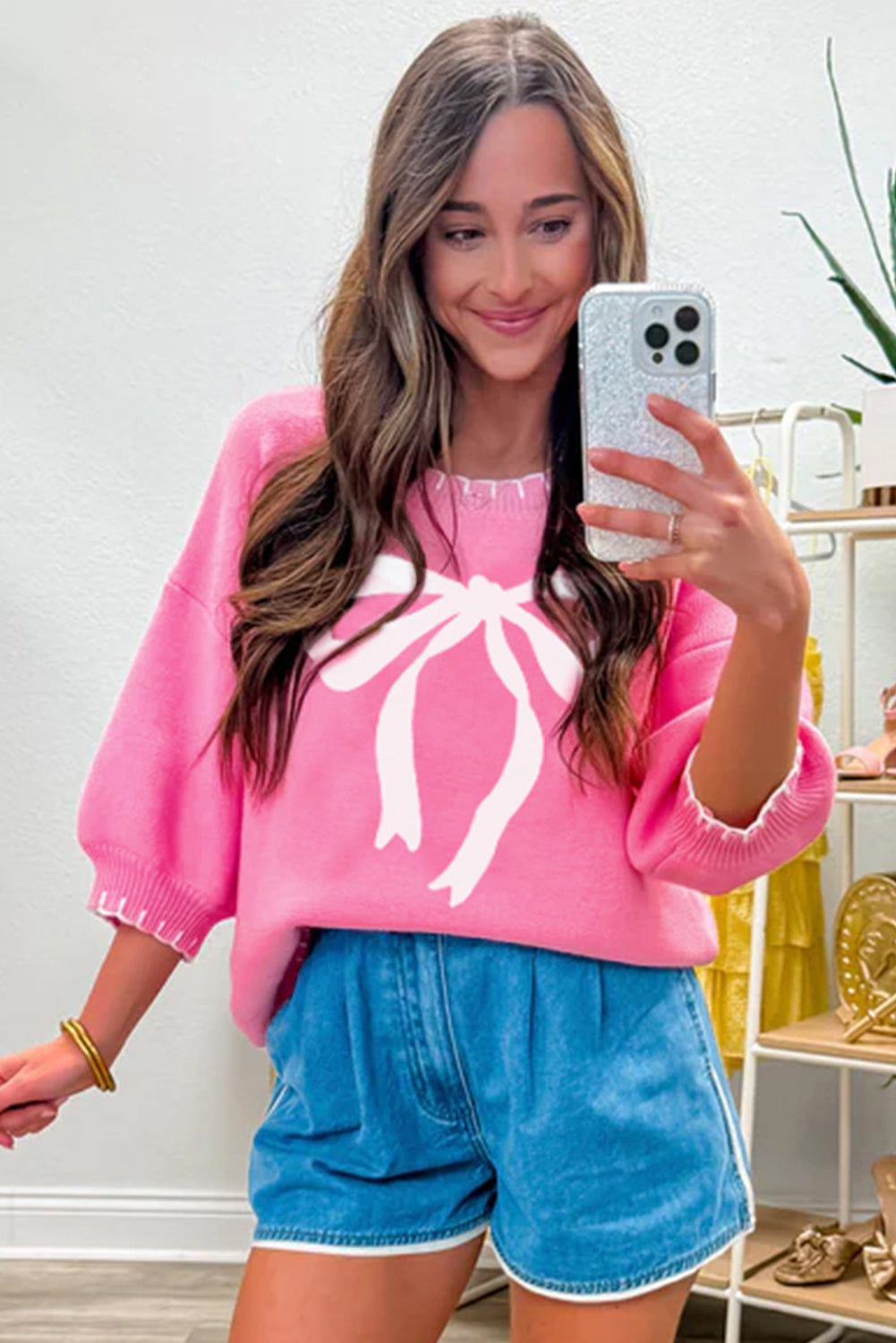 Bow Print Drop Shoulder Sweater - Pink Dear-Lover Dropshipping