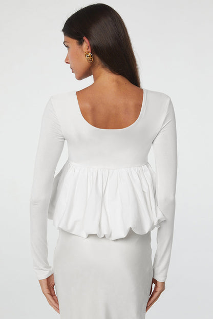 U Neck Long Sleeve Bubble Top - White