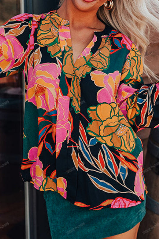 Floral Print Smocked Cuffs Puff Sleeve V Neck Blouse Dear-Lover Dropshipping