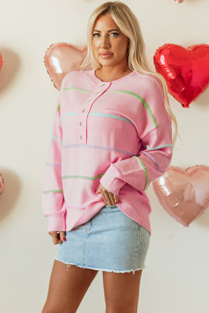 Rainbow Stripes Baggy Henley Sweater Daisie Boutique