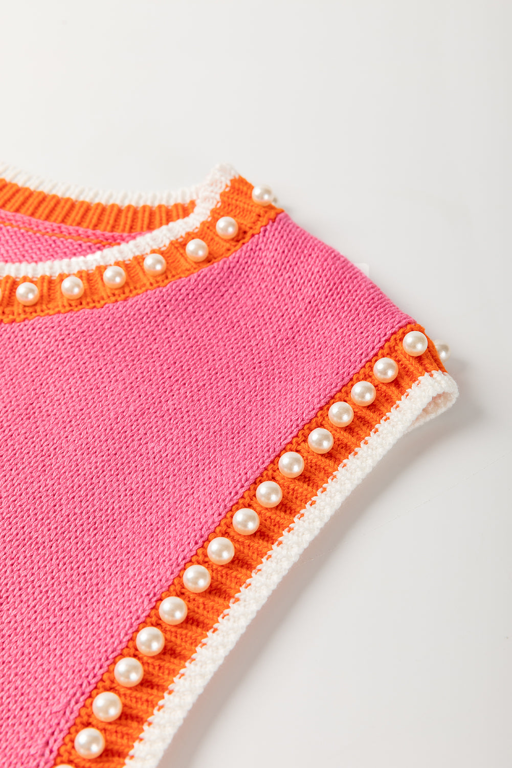 Contrast Trim Pearl Detail Sweater Tank Top - Bright Pink Daisie Boutique