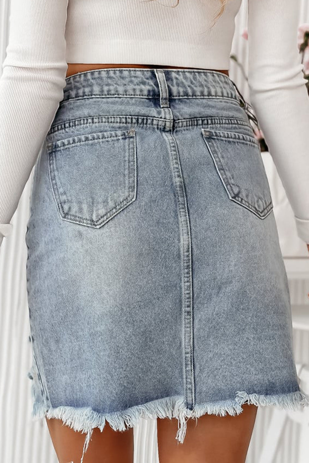 Beau Blue Shimmer Heart Pattern Distressed Denim Mini Skirt Daisie Boutique