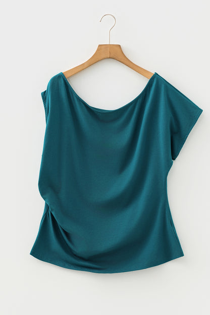 Plus Size Solid Color Asymmetric Neck Short Sleeve Blouse