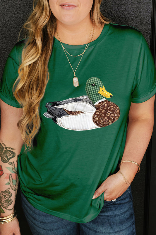 Dark Green Faux Patchwork Mallard Duck Plus Size Graphic Tee Dear-Lover Dropshipping