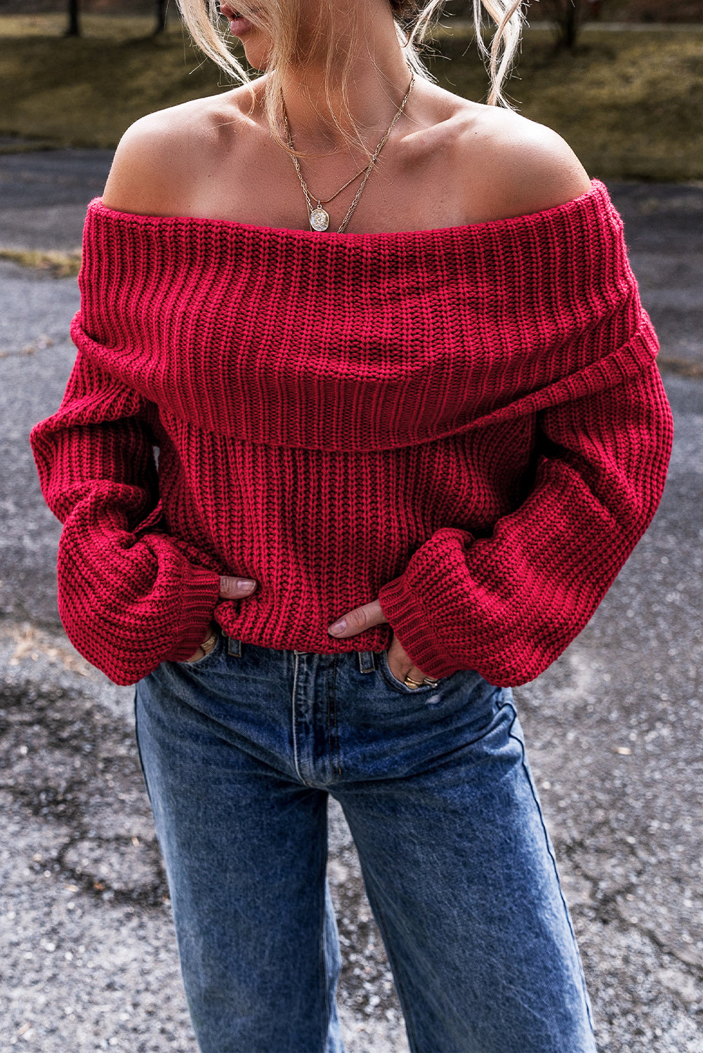 Off-the-shoulder Knit Sweater - Ruby Red