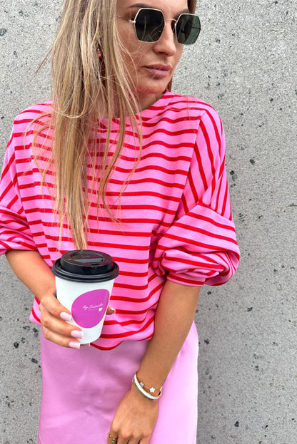 Sachet Pink Striped Print Crew Neck Drop Shoulder Sweatshirt Daisie Boutique