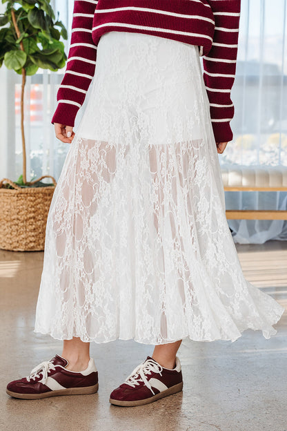 White Sheer Lace Flowy Maxi Skirt Dear-Lover Dropshipping