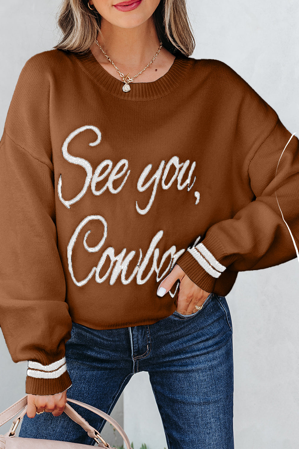 See You Cowboy Embroidered Graphic Sweater Dear-Lover Dropshipping