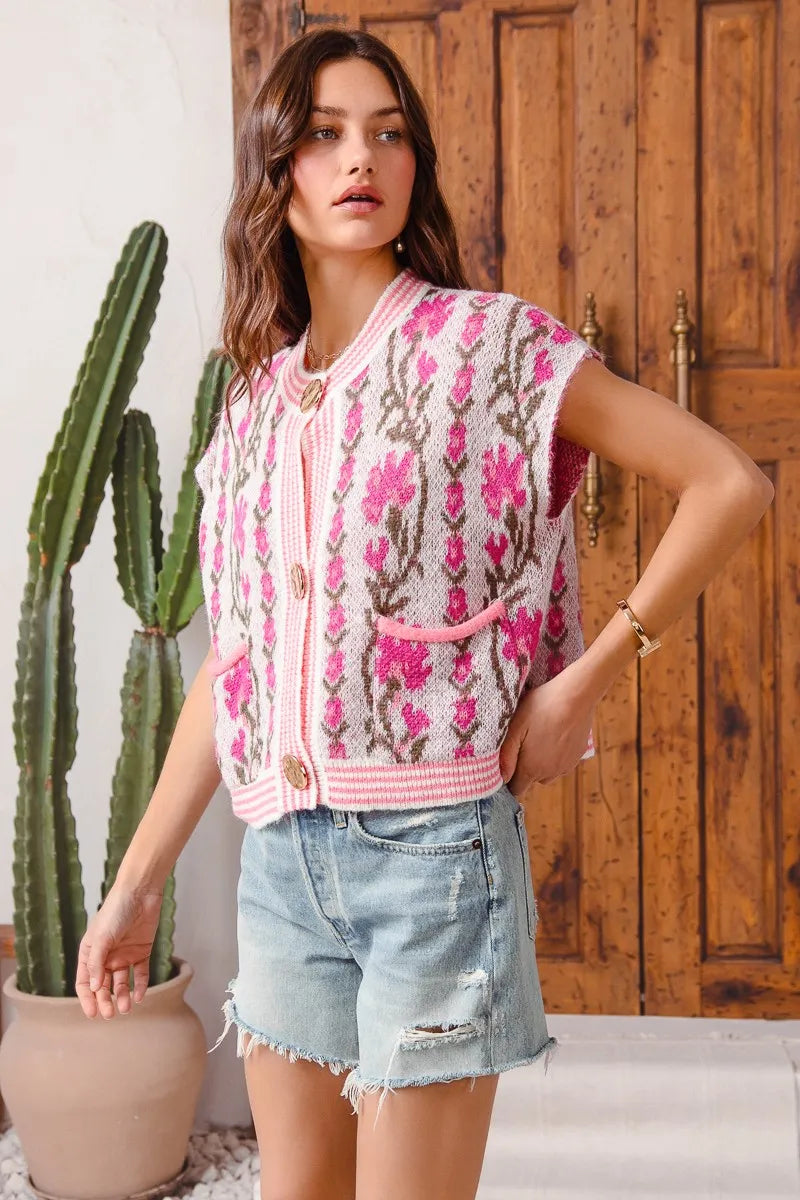 SO ME Button Front Floral and Stripe Knitted Sweater Vest My Pampered Life Seattle
