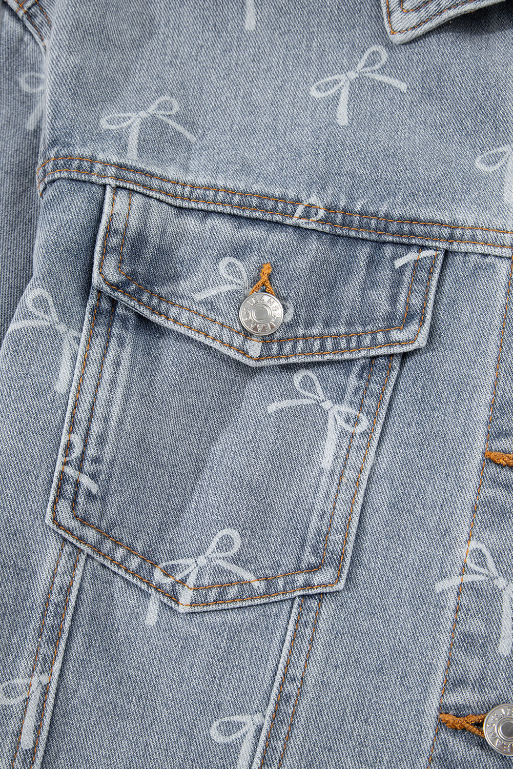 Bow Knot Print Light Wash Raw Hem Denim Jacket Dear-Lover Dropshipping
