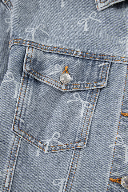 Bow Knot Print Light Wash Raw Hem Denim Jacket Dear-Lover Dropshipping
