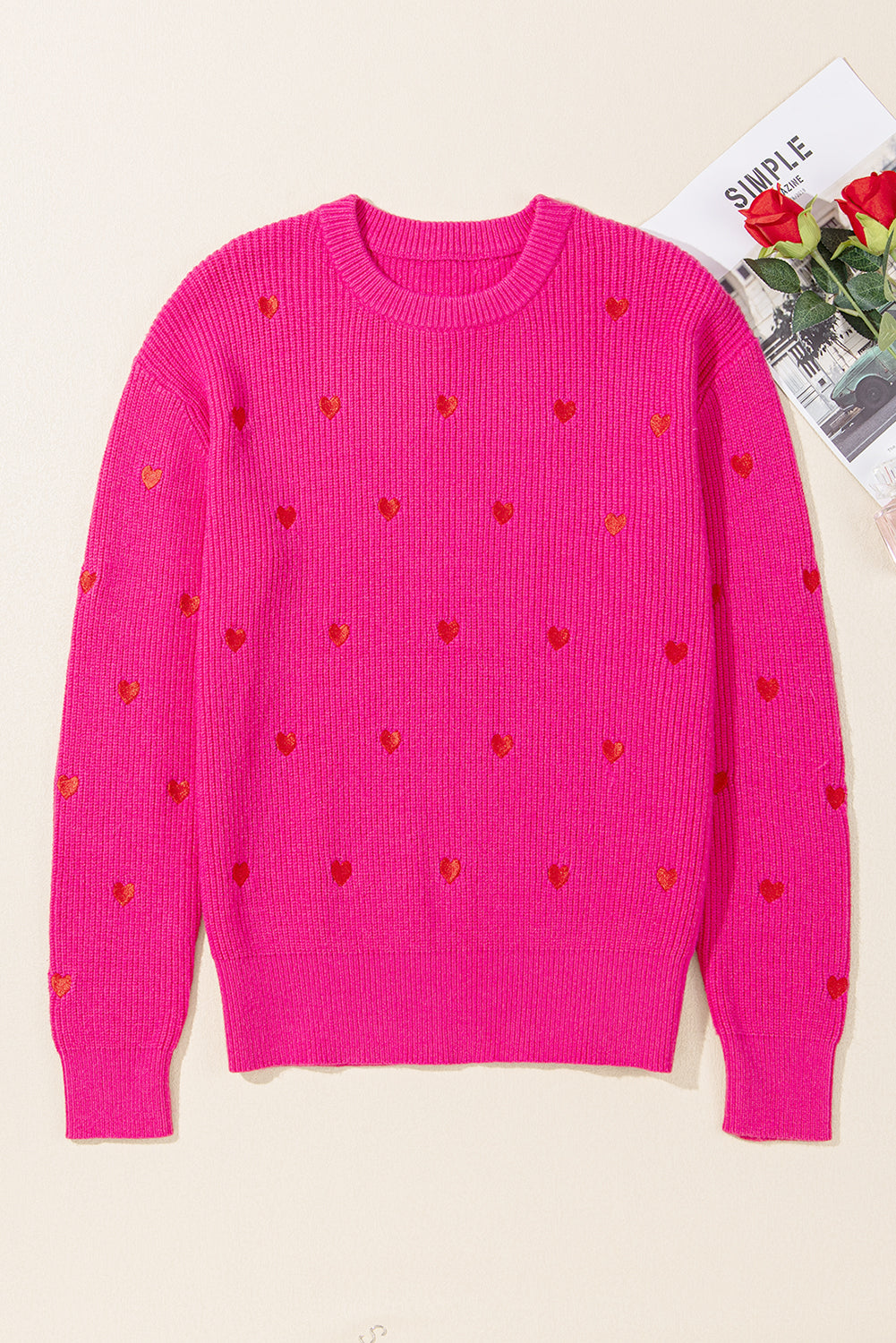 Heart Shape Drop Shoulder Round Neck Sweater - Rose Red Daisie Boutique