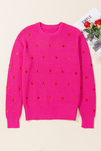 Heart Shape Drop Shoulder Round Neck Sweater - Rose Red Daisie Boutique