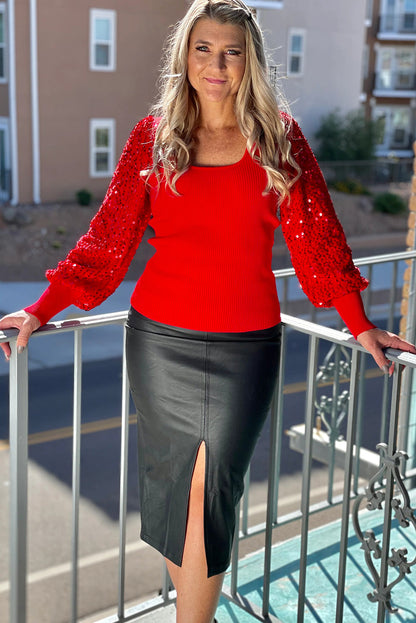 Sequin Sleeve Holiday Sweater - Red Dear-Lover Dropshipping