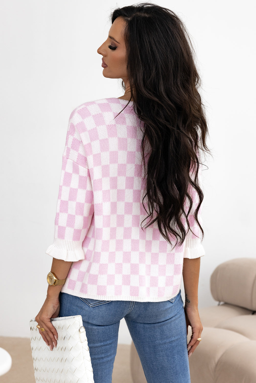 Light Pink Checkered Lace-up Ruffled 3/4 Sleeve Cardigan Daisie Boutique