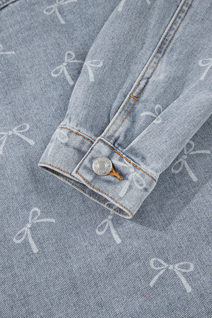 Bow Knot Print Light Wash Raw Hem Denim Jacket Dear-Lover Dropshipping