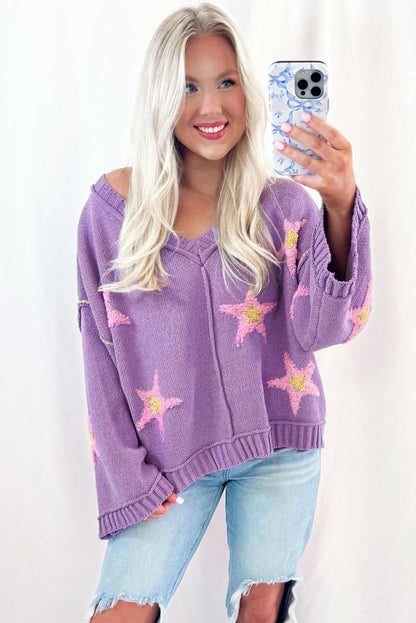 Star V Neck Oversize Sweater - Purple