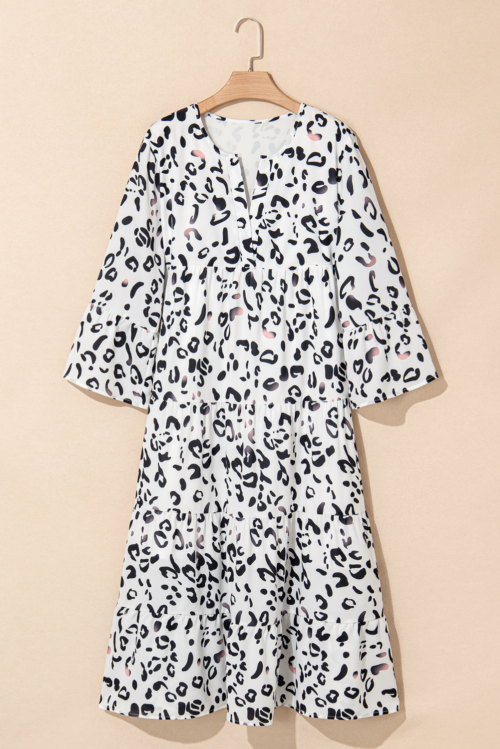Leopard Print V Neck Loose Fit Maxi Dress - White Daisie Boutique