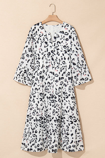 Leopard Print V Neck Loose Fit Maxi Dress - White Daisie Boutique
