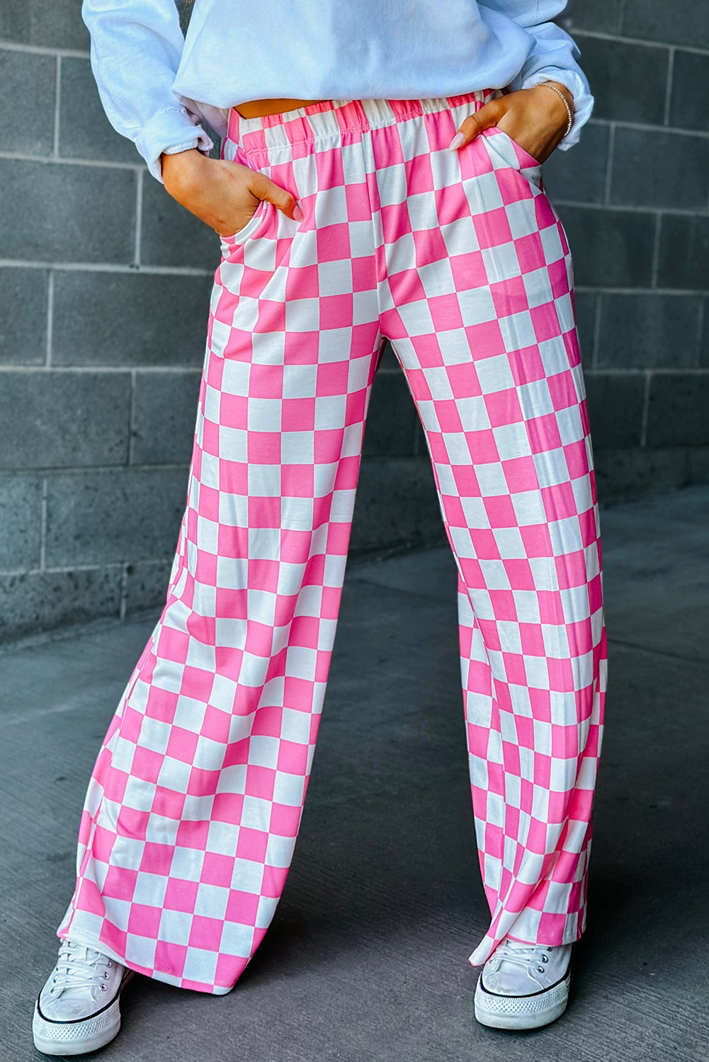 Bonbon 2-Tone Checked Print High Waist Wide Leg Pants Daisie Boutique