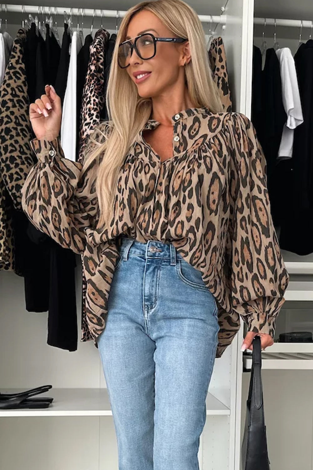 Oversized Leopard Print Balloon Sleeve Casual Shirt Daisie Boutique