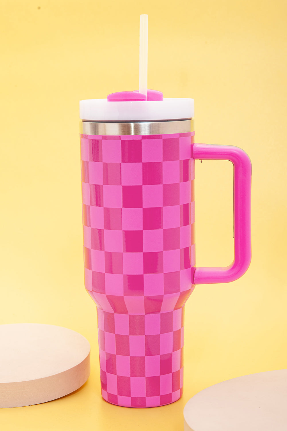 Bright Pink Checkered Print Handled Stainless Steel Tumbler Cup 40oz Dear-Lover Dropshipping