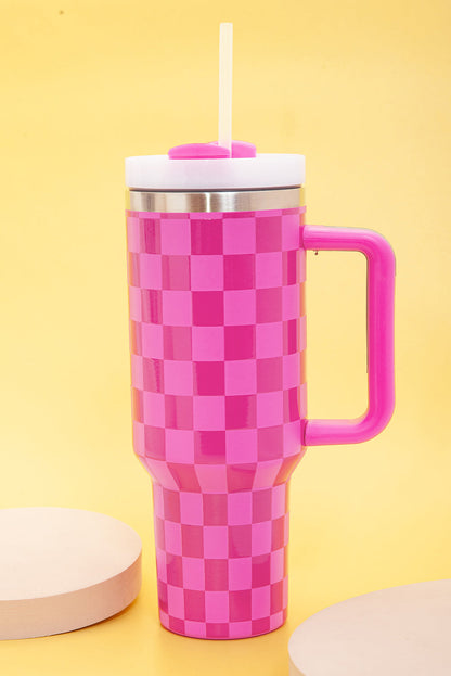 Bright Pink Checkered Print Handled Stainless Steel Tumbler Cup 40oz Dear-Lover Dropshipping