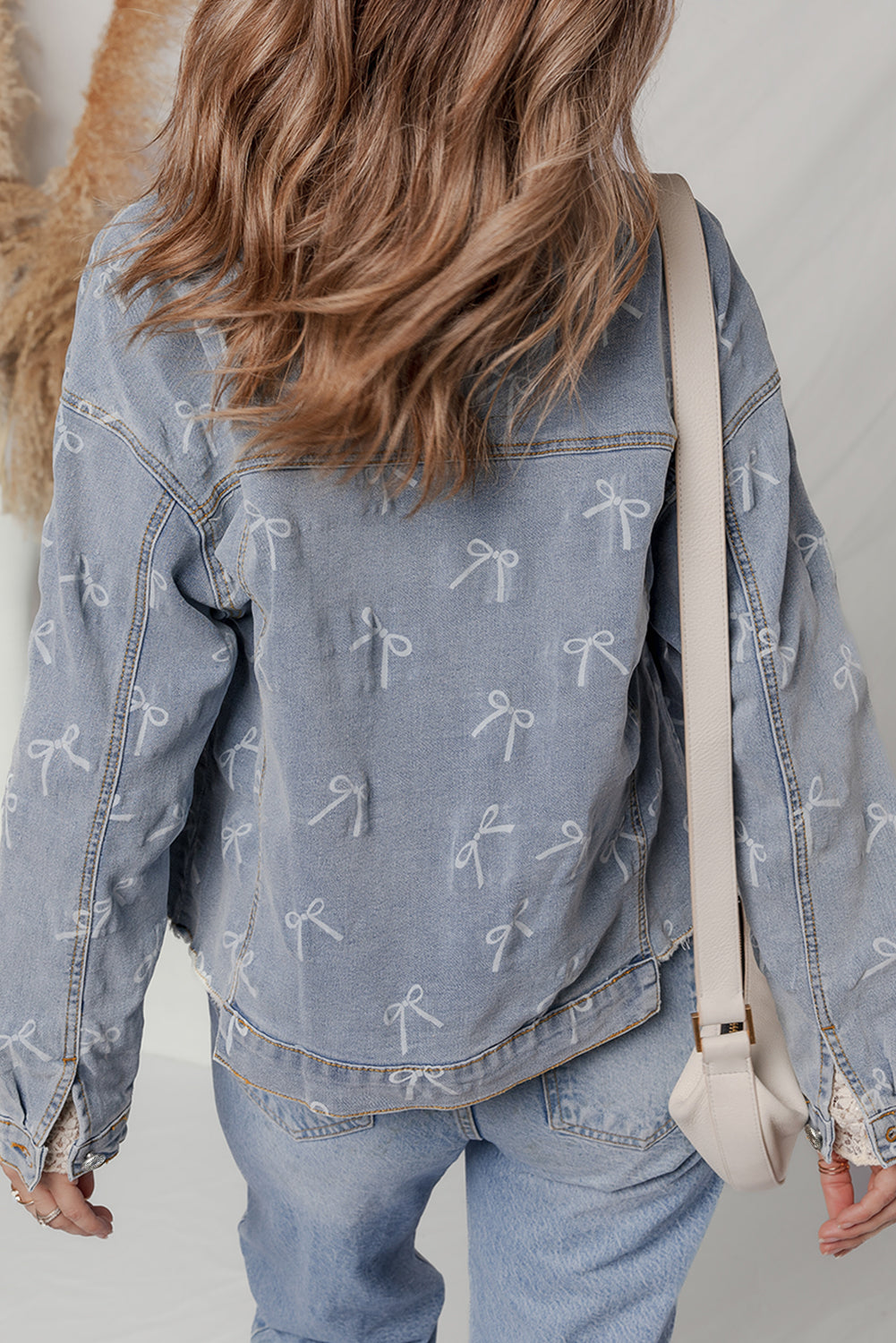 Bow Knot Print Light Wash Raw Hem Denim Jacket Dear-Lover Dropshipping