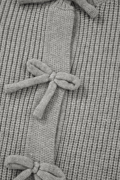 Gray Ribbed Knit Bow Front Buttoned Cardigan Dear-Lover Dropshipping