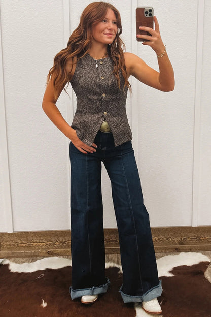 Brown Leopard Print Denim Vest