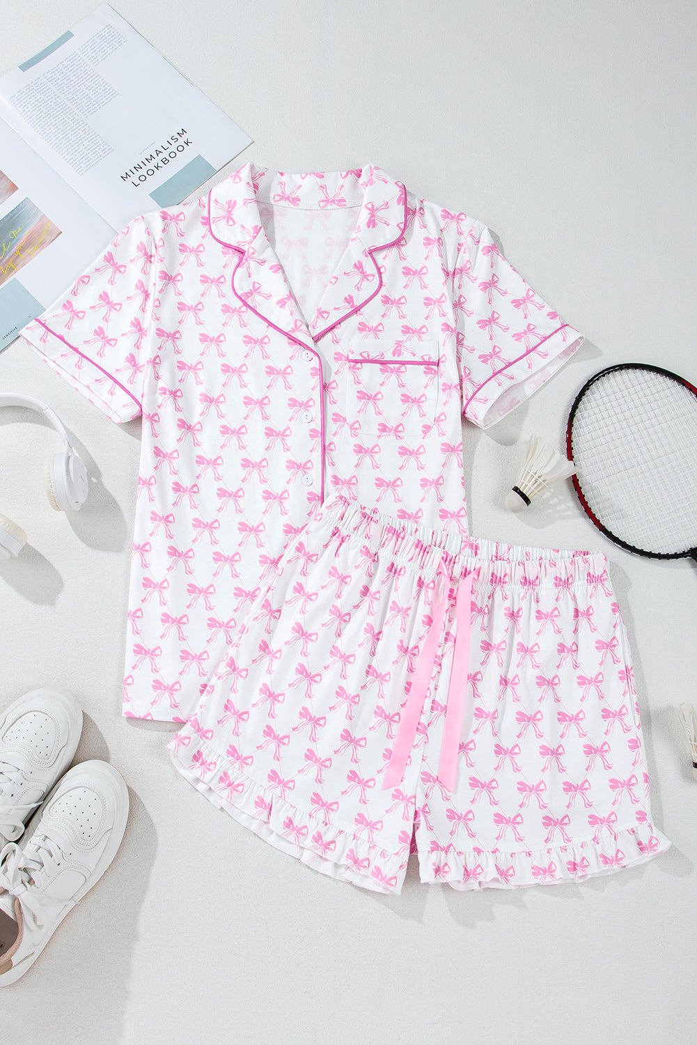 Bowknot Printed Short Sleeve and Ruffled Shorts Pajama Set - Pink