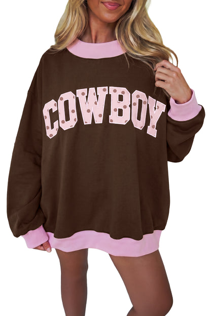 Coffee brown polka dot letter graphic colorblock tunic sweatshirt | Daisie & Co.