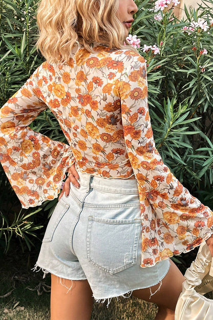 Orange Floral Printed Bell Sleeve Scallop Trim Blouse