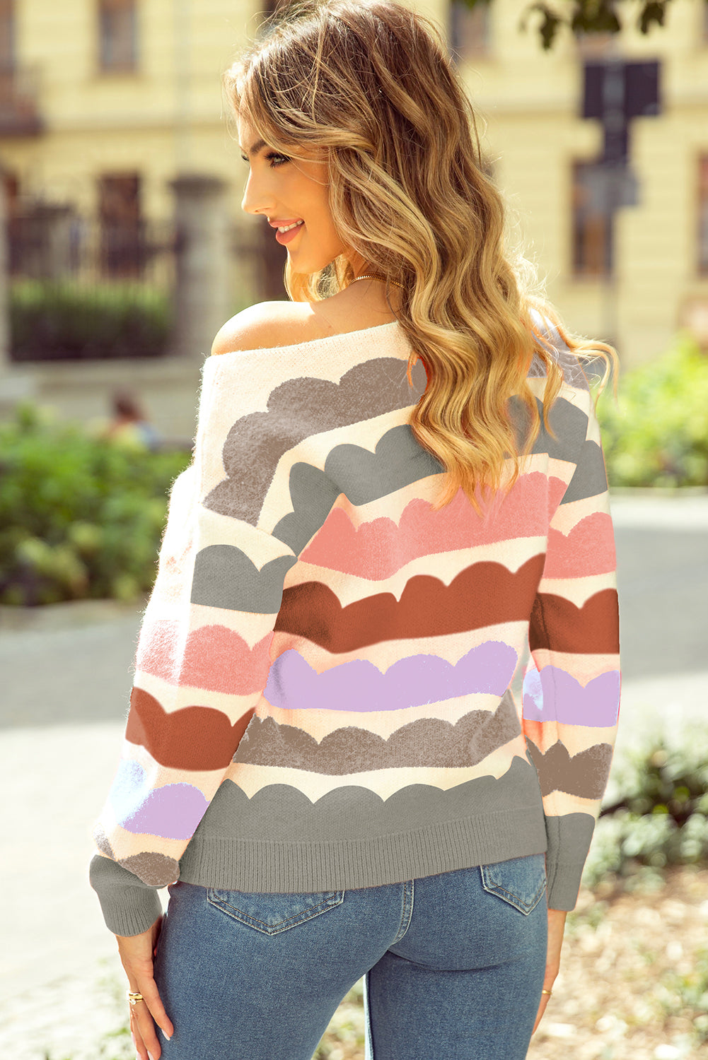 Wave Striped Balloon Sleeve Multicolored Sweater Daisie Boutique
