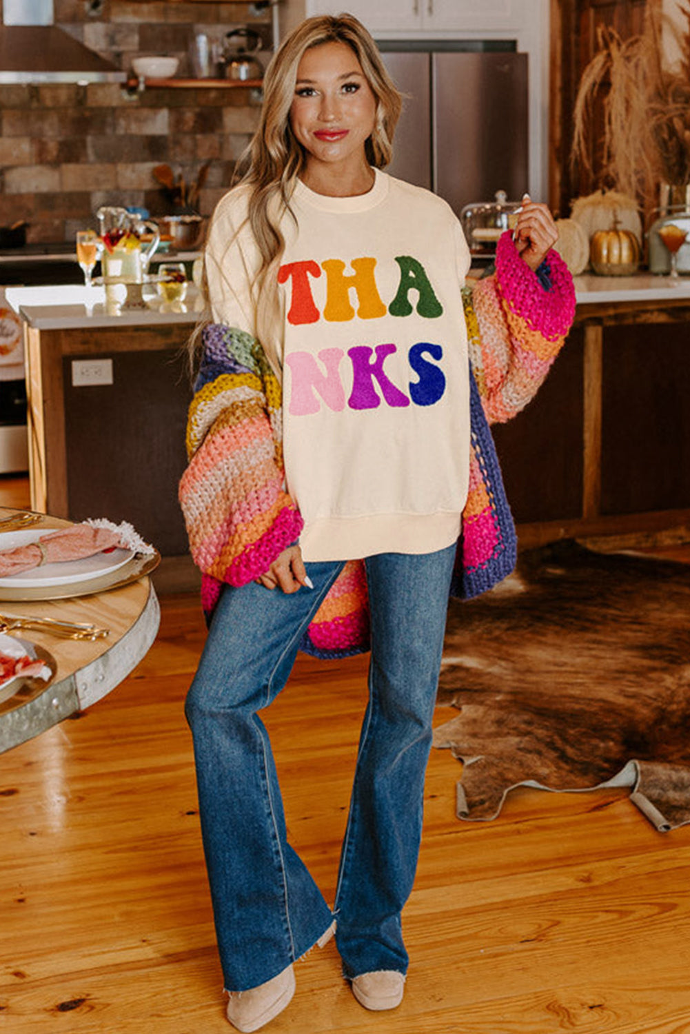 THANKS Chenille Embroidered Graphic Sweatshirt Daisie Boutique
