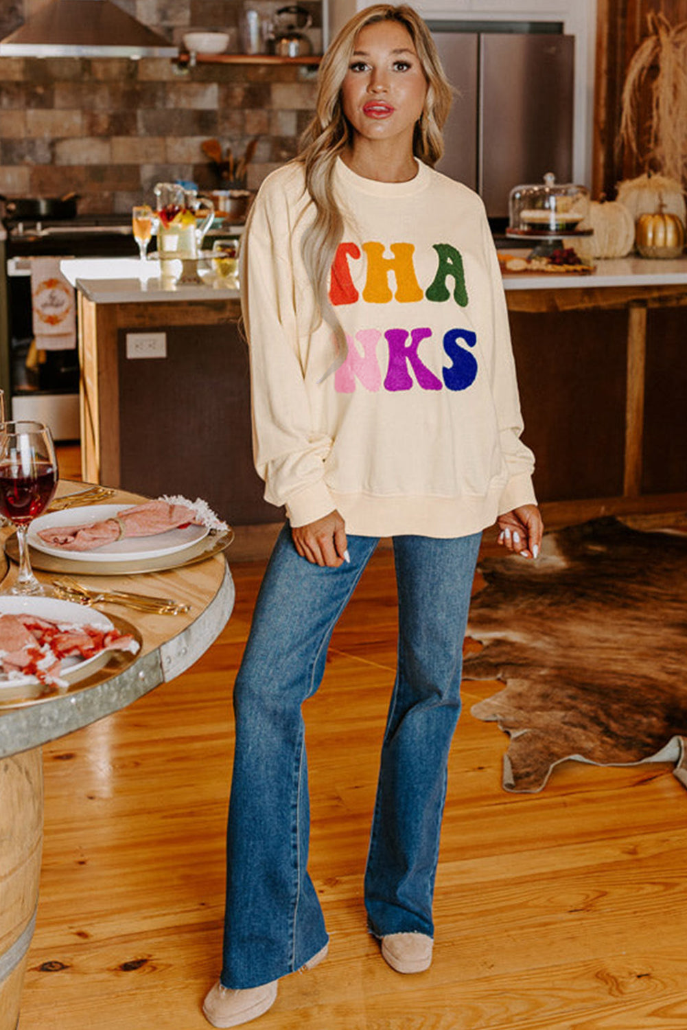 THANKS Chenille Embroidered Graphic Sweatshirt Daisie Boutique